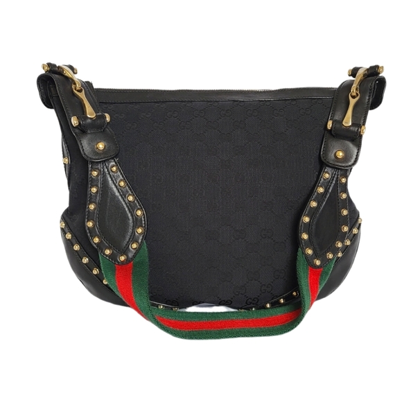 Gucci Pelham GG Web Hobo Bag Black Canvas Leather Bag with Studs 153691-001998